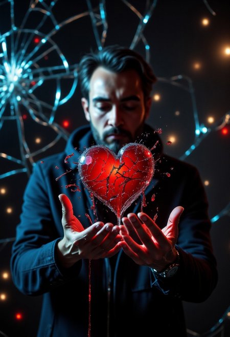 A man cradles a shattered gem heart in his hands, its vibrant red glow casting an eerie light. Red oil drips through his fingers as he gazes down at it forlornly. The scene is set against a backdrop of broken glass, each shard reflecting the turmoil of the moment in the VibrantlySharp style