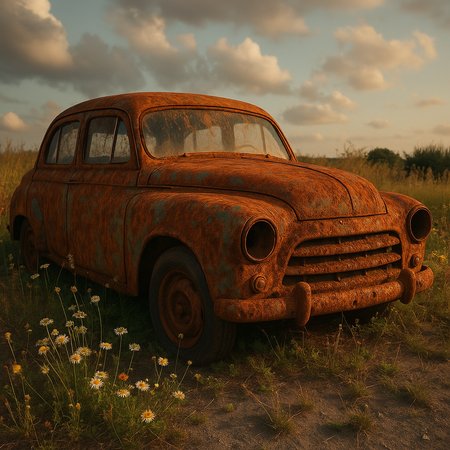 A cinematic photograph of an old, heavily rusted vintage car abandoned in a field of wildflowers. The car is covered in textured orange and brown rust, with faded blue-green paint peeking through. It is parked on a dirt path surrounded by yellow and white flowers, tall dry grass, and under a partly cloudy sky during golden hour. Warm sunlight casts long shadows and highlights the corrosion and age of the vehicle. Ultra-detailed, photorealistic, soft lighting, nostalgic atmosphere