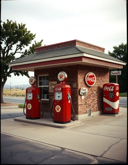 A realistic vintage photograph of a 1950s American gas station with no people present. The small brick building has a flat roof with a wide canopy extending over two classic red gas pumps from the 1950s, featuring chrome details, round meters, spiral hoses, and retro branding like "Texaco" or "Shell".The ground is old concrete with cracks and oil stains. Beside the station, there's a vintage Coca-Cola vending machine and a hand-painted wall sign that reads âDrive Safely!â. The sky is lightly overcast, casting soft shadows and a nostalgic mood. In the background, leafy trees, distant low hills, and an empty country road stretch into the distance. The photo has a slightly faded, desaturated color palette with warm vintage tones and a subtle grain, mimicking the look of 1950s Kodak film photography. The overall atmosphere is calm, quiet, and deeply nostalgic.
<lora:SDXLFaeTastic2400:0.4> <lora:extremely_detailed:0.4> extremely detailed, <lora:1950s_American_gas_st4t10n:1>,1950s American gas st4t10n, Masterpiece,best quality,hi res,8k,hi res,8k,award winning,(sharp focus, intricate, highly detailed),