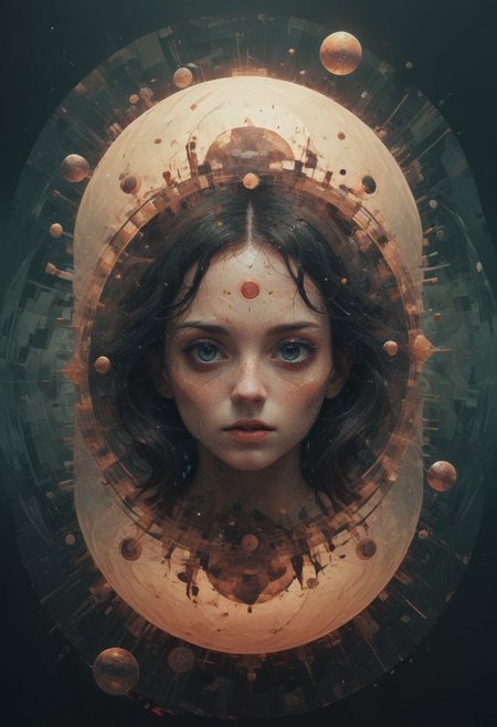Surreal circles glitchcore, double exposure, poster style, geometric, circles and spheres, glitchy, eerie