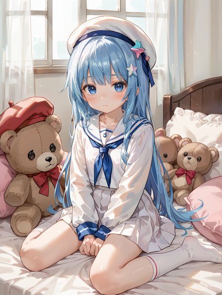 score_9, score_8_up, score_7_up,source_anime,
1girl, flat chest, tiny tits, long hair, solo, between legs, sitting, blue eyes, stuffed toy, white socks, stuffed animal, skirt, bangs, kafuu chino, socks, blue hair, hat, hair ornament, long sleeves, x hair ornament, white headwear, kneehighs, no shoes, indoors, wariza, shirt, white skirt, school uniform, teddy bear, star \(symbol\), white shirt, blush, bed, shiny hair, petite body, on bed, beret, shiny, sailor collar, blurry, white sailor collar, pillow, blurry background, looking at viewer, sidelocks, very long hair, hair twirling, neckerchief, :o, pleated skirt
<lora:style006:0.7>