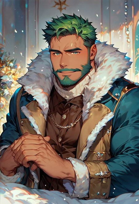 score_9,score_8_up,score_7_up, score_9, score_8_up, Intricate Details, Masterpiece, Best Quality, 1man, mature, bara, solo, male focus, bulky, correct anatomy, perfect hands, stylized seinen anime style, lots of details, shaded skin, shaded, detailed shading, detailed skin, counter shading, tan skin, bodybuilder, dressed for the cold, fur jacket, long sleeves, snow falls, green hair, brown colored eyes, masculine features, older man, full beard, tour guide