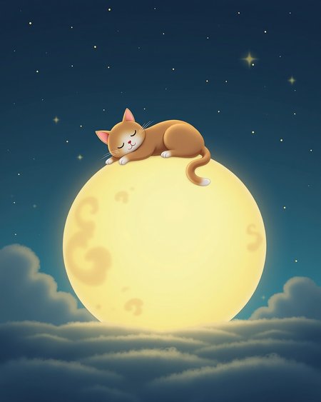 A cat sleeping on the moon, with a blue sky and stars in the background. The cat is sitting on top of an oversized, round, glowing light that resembles the shape of a full or half-moon. It's a peaceful night scene with clear skies.