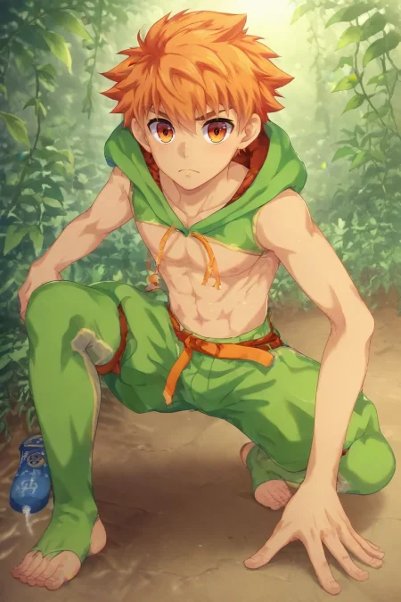 score_9, score_8_up, score_7_up, , rating_safe, intricate details, semi-realistic, , , 1boy, solo, male focus, <lora:jirou_camp_buddy_pony:1>, jirou_camp_buddy, orange hair, orange eyes, , jungle sanctuary, tree temples, vine paths, leaf gardens, meditation pose, peaceful expression, filtered sunlight, male Retirement age Muscular, Afro-Caribbean, Ruby red eyes, Small Ears, Curved Nose, U-Shaped Chin, Overbite Jaw, Heart face shape with Pointed Chin, Verdi Beard , Ash Blonde Flat top hair, Frown, wearing RoyalPurple Fair Isle Tailored board shorts, Velvet Toile Plaid flannel hoodie, , , Travel Bag, Arms linked with someone, indicating companionship, <lora:sdxl_lightning_8step_lora:1>