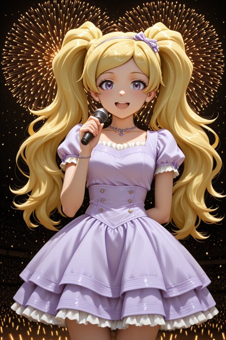 masterpiece, best quality, amazing quality, 1girl, solo, makeup, perspective, general, looking at viewer, cowboy shot, anime screencap, stage, smile, idol, (singing), holding microphone, dynamic angle, <lora:Emily_Stewart_Million:1>, Emily_Stewart_Million, blonde hair, long hair, twintails, purple eyes, breasts, parted bangs, purple dress, kawaii fashion, idol dress, jewelry, hair ornament, frilled dress, audience, glowstick, fireworks, confetti, tiara, <lora:wai-2Rectified-V140:1>, <lora:illustrious_noobai_epsilon_pred_1_masterpieces_v1:1>