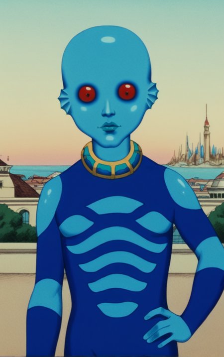 score_9, score_8_up, score_7_up, BREAK
STYLE_FantasticPlanet_ownwaifu, a blue alien with red eyes and a body painted blue with gold chains and a red eye,
(contrapposto, hand on hip), sunset, sidelighting, cityscape, vanishing point, outdoors, <lora:PONYXL_STYLE_FantasticPlanet_ownwaifu:1> , depth of field, solo,