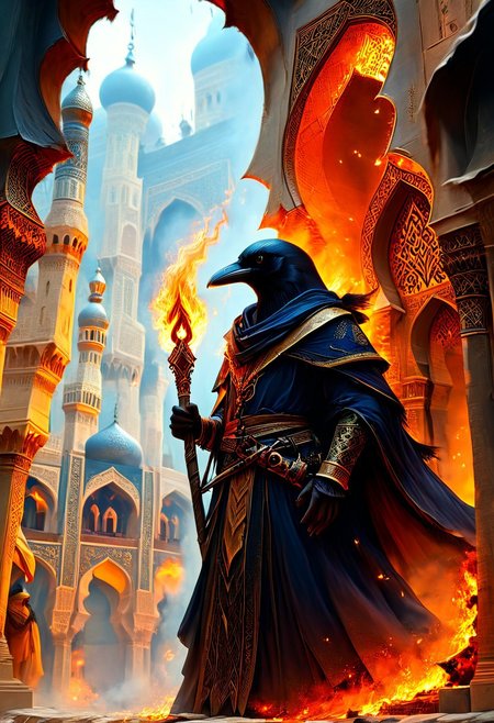 (((masterpiece,best quality,ultra_detailed,highres,absurdres:2))), novuschroma style, (((horror atmosphere, 32k UHD:1.4))), (((bleak colors of background but vivid colors of character:1.2))),(((extremely sharp focus:1.55))),
BREAK
highly detailed photo of black mage corvidfolk is casting a Fire spell, ((in dark arabic city:1.35)), (dynamic pose:1.2), (fast running:1.3), wearing brown robe, moody forest,
detailed background, (ancient dence inhabit city:1.2), musk, mist, fog, (dramatic light:1.25)
<lora:neg4all_bdsqlsz_xl_V9:2>,<lora:aidma-Image Upgrader-v0.1:1.5>,<lora:Dark Fantasy:1>, <lora:EnvyArabicArchitectureXL01:1>