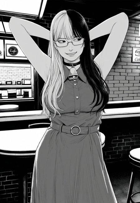 contrapposto, hands behind head,
cafe, diner,
collared_dress, smirk, looking to the side, cowbell, glasses,
when_you_see_it, brick wall,
split-color hair, dark hair, long hair,
monochrome, greyscale, realistic,
absurdres, fine fabric detail, best quality, masterpiece, very aesthetic