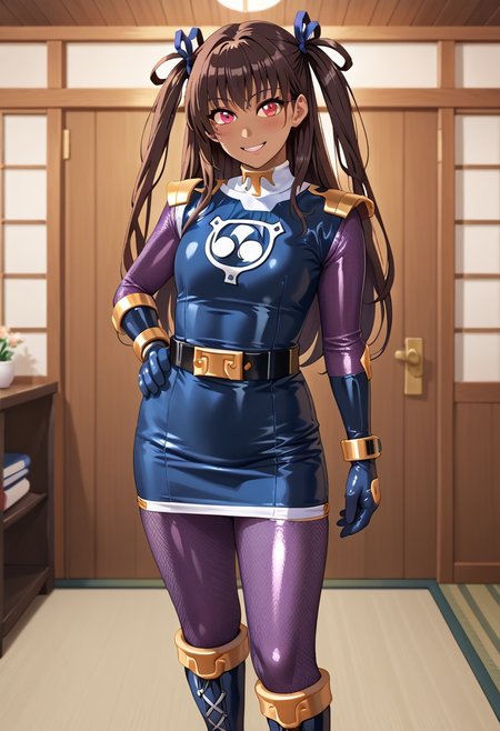 score_9, score_8_up, score_7_up, BREAK,
1girl, solo, defYuki, tan, dark-skinned female, brown hair, red eyes, two side up, long hair, sentaikageblue, shiny clothes, spandex, silver bodysuit, fishnet bodysuit, bodysuit under clothes, black dress, shoulder pads, black belt, black gloves, boots, boots, blush, small smile, looking at viewer, indoors, tatami, sliding door, room, night,