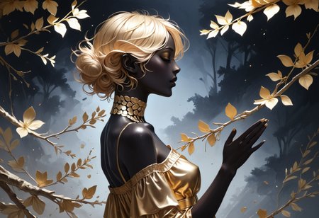 zPDXL3, ((score_9, score_8_up, score_7_up)), masterpiece, detailed, perfect face, perfect anatomy, 1boy, Cyrus the great, elven ears, slim body, black skin, golden dress, reaching, flower tree, silhouette_with_gold_foil, abstract, metallic shine, from side, dark background,