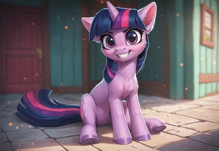 score_9, score_8_up, score_7_up, score_6_up, score_5_up, score_4_up, Twilight sparkle, solo rating_safe , pony, feral, female, mare, badass, cute,  g4, high res, looking at you, badass adorable, (fur:1.3), big eyes, realistic, photo, detailed, beautiful, zPDXL3, fur, detailed fur, body fur, fluffy, cute round face, sitting  full body, grown up, ponyville background, smiling, standing, ng_deepnegative_v1_75t, zPDXLrl, standing far away, wide view, pixelsketcher