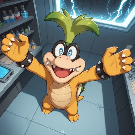 Iggy, 2d, Green hair, male, fangs, shelled, light green spiked shell, tail, spiked bracelets, scalie, yellow skin, green head, glasses, claws, toe claws, 3 toes, black pupils, blue irises

BREAK mad scientist, crazy, open mouth smile, looking upwards, fists up, perspective, from above, standing, laboratory, indoors, potions, thunder, 

BREAK best quality, amazing quality, very aesthetic, absurdres, newest, masterpiece, high quality, detailed