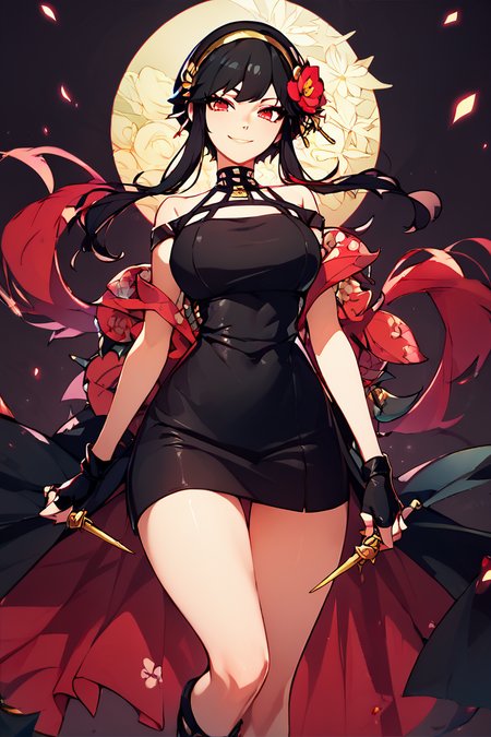 score_9, score_8_up, score_8, big breasts, (curvy), cute, eyelashes,      rating safe,   BREAK,  YorForger,1girl,black hair, red eyes, short hair with long locks, gold hairband, hair flower, black choker, black dress, sleeveless, off shoulder, floral print, fingerless gloves, black footwear, thigh holding dagger,   BREAK,   smile, looking at viewer, abstract background, thorns, dark theme, white outline, cowboy shot,   embedding:zPDXL, Expressiveh