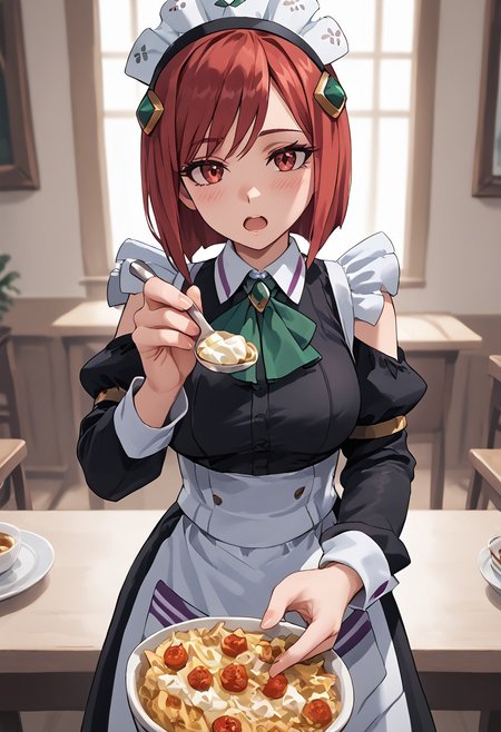 score_4,score_5,score_6,score_7_up,score_8_up,score_9 ((masterpiece,best quality,ultra detailed,highres,HD,4k:1.2)), 
1girl, solo,solo focus,girl focus,face focus,
red hair,red eyes,short hair,hair ornament,large breasts,
maid headdress, maid,apron,long sleeves,long skirt,maid apron,boots,
((Apron, sleeveless, exposed arms, exposed shoulders, frilly aprons:1.1)), upper body, pov,feeding,looking at viewer,feeding, food,incoming food, holding spoon, 
looking at viewer,blush,shy,Expressionless,open mouth,