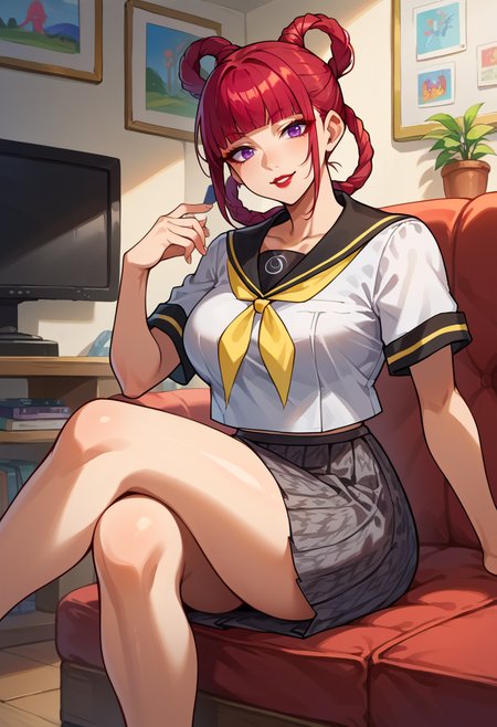score_9, score_8_up, source_anime,  tube television, indoors,   <lora:ChamYasogamiSchoolUniformPonyXL:1> YasogamiFemaleSummer, white shirt, short sleeves, black sailor collar, yellow neckerchief, grey skirt, sitting, crossed legs,, solo, seductive smile, red lips,
1girl, purple eyes, red hair, blunt bangs, large breasts, low hair rings,