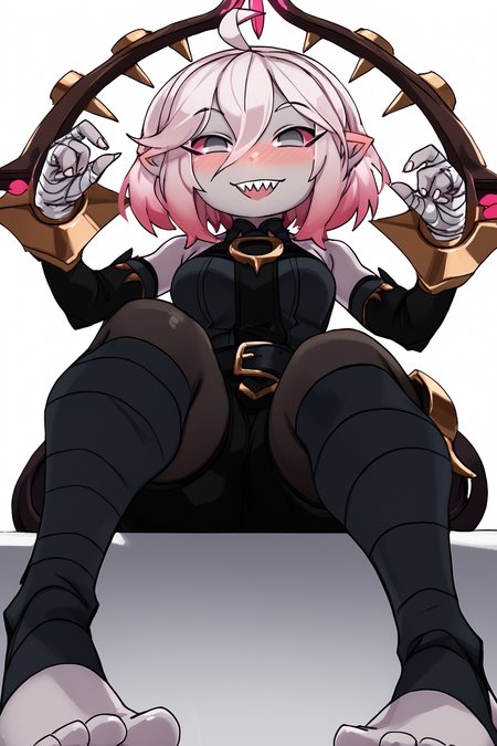 score_9, score_8_up, score_7_up, score_6_up, BREAK, BriarLoLXLv2, grey skin, colored skin, no pupils, grey eyes, pink sclera, white hair, pink hair, two-tone hair, gradient hair, short hair, hair between eyes, ahoge, pointy ears, sharp teeth, medium breasts, bare shoulders, black thight dress, detached sleeves, black bandaged sleeves, black shorts, belt, (black bandaged legwear), toeless legwear, sitting, ((bellow view)), looking at viewer, seductive smile, naughty face, nose blush, white background, simple background  <lora:BriarLoLXLv2:0.8>, ZanamaoriaStylePXL <lora:ZanamaoriaStylePXL:1>