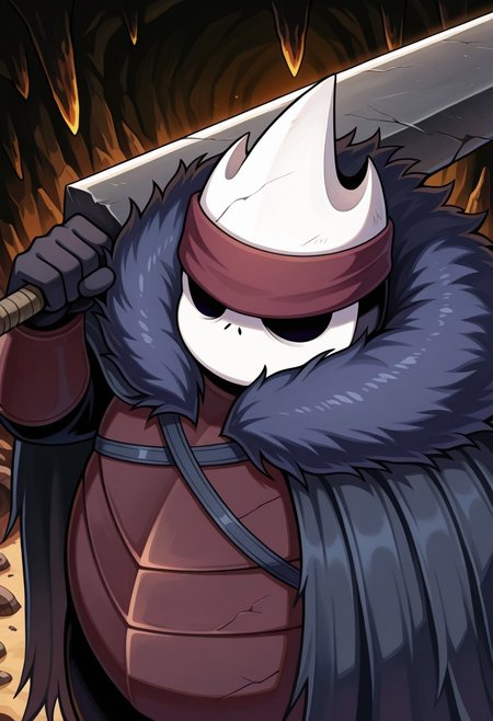 solo, anthro male, solo, 1boy, cartoon style, white mask, black eyes, no pupils, horned helmet, burgundy bandana on forehead, burgundy chest armor, crossed chest straps, chubby, fat, black skin, charcoal blue/ navy blue cloak, fluffy fur cloak, holding a large weapon, weapon on shoulder, looking down at viewer, upper body, side angle, standing, from above, close up, BREAK detail background, dark cave, underground cavern, rocky walls, dim lighting, stalagmites, damp environment, cold and damp