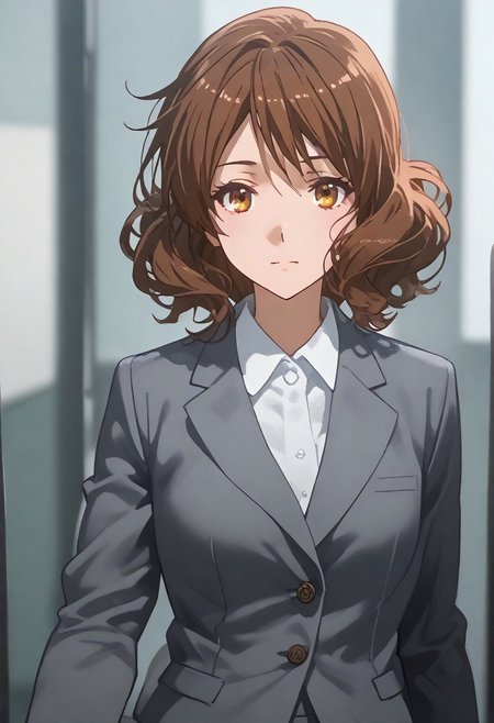 (safe:1.10), full body:1.10,best quality, masterpiece, highres, solo, oumae, short_hair, brown_hair, brown_eyes, portrait, looking at viewer, 
,business suit,office lady,collared shirt,grey jacket,grey skirt,pencil skirt,pantyhose,shoes