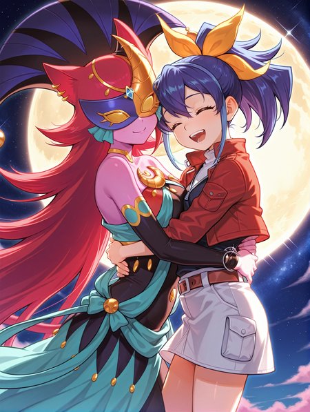 2girls:1.2,moon,hug,
BREAK smile,cat girl,black elbow gloves,dancer outfit,lunalight cat dancer,gold domino mask,purple jester cap,covered eyes,pink skin,black toeless legwear,
BREAK serena \(yu-gi-oh!\),open mouth,yellow hair ribbon,red cropped jacket,shirt,white skirt,bracelet,closed eyes, teeth, smile
masterpiece,best quality,amazing quality,very aesthetic,absurdres,newest,<lora:Serena and Lunalight part A illuXL v1.2:0.8>,