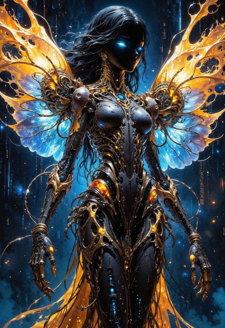 (in Krenz Cushart style:1.2), high-quality, masterpiece, A biomechanical female humanoid butterfly emerging from a cocoon of wires and glowing circuitry, Its wings pulse with energy blending organic and metallic textures, set against a void of code and data streams, Sci-fi surrealism, vibrant colors, highly detailed close-up showing the transformation, ethereal lighting and glimmers of energy in the air, (elaborate fine details:1.1), (elaborately detailed attire with extraordinary elements:1.1), (hyperdetailed:1.1), (intricate details:1.0), (Refined details:1.1), (best quality:1.1), (high resolution:1.2)