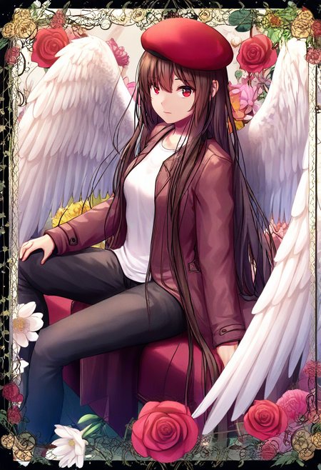 1girl,solo,wings,long hair,red eyes,shirt,flower,white shirt,very long hair,black pants,pants,red flower,hat,brown hair,feathered wings,beret,pink flower,white flower,rose,red headwear,looking at viewer,sitting,jacket,yellow flower,white wings,coat <lora:manaXL_NBVP1_lokr_V6311PZ:0.95>
