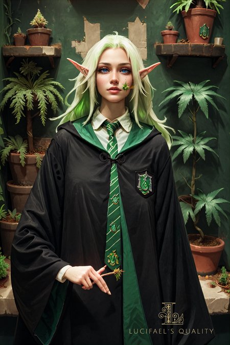score_9, score_8_up, score_7_up, score_6_up,
1girl, solo, (elven), long pointed ears,
marijuana, plant, leaf, potted plant, 1girl, long hair,
black robe, hood down, wide sleeves, green necktie, diagonal-striped necktie, white shirt, collared shirt, badge
,concept art,realistic,perfect body,highly detailed,delicate and smooth skin, body in motion,<lora:sinfully_stylish_SDXL>,<lora:add-detail-xl:1>,<lora:xl_more_art-full_v1:0.7>,<lora:Concept Art DarkSide Style LoRA_Pony XL v6:1>,<lora:marijuana2XLP:0.6>,<lora:EPRobeSlytherinPDXL:1>,