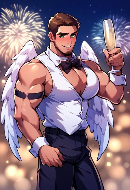 Eat_Hymn , , score_9, score_8_up, score_7_up, (male focus), handfixer, source bara, highly detailed, intricate details, solo, 1boy, (holding cup champagne_flute), skin blemishes, long hair, brown hair, green eyes, facial hair, chest hair, blushing, (pleasured shy smile parted lips), full lips, angel wings, (black arm straps, black leg straps, wrist cuffs, detached collar, bowtie, vest, sleeveless, shorts), arched_back, (large pecs, big male breasts, round pecs), (small waist:1), male pubic hair, (thick large thighs), BREAK, detailed background, depth of field, outside, night, city rooftop, fireworks,