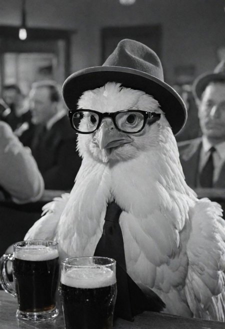 1950s detective film, a chicken with hat and using glasses at the bar with a big mug of beer. Captured on a 35mm camera, black and white, classic film noir film.