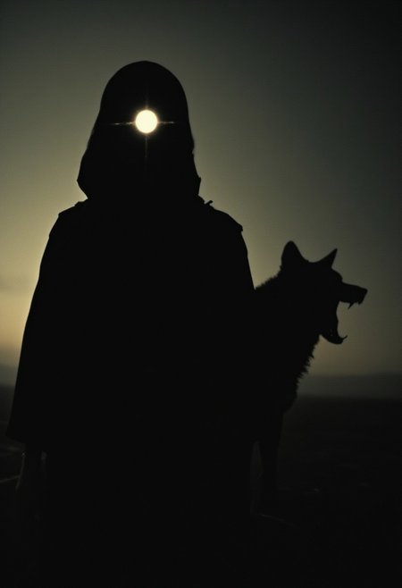 A vintage photograph of a mysterious witch hiding her face beneath a wide hood, with her facial contours completely obscured in shadow. Only one white, glowing eye is visible, radiating a faint white flame that gently flickers in the wind. An eerie eye trail casts a subtle light in the dark, highlighting her sinister presence. Beside her is the silhouette of a scruffy black wolf, baring sharp teeth in a menacing snarl, with its own eye also emitting a white, flickering flame. Both figures stand in the dark of night, partially illuminated by atmospheric backlighting from an almost-risen sun, with the shapes emerging hauntingly through the morning mist.
