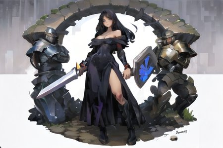[inpainted faces] <lora:DragonsCrown-768:0.8>, 1girl standing, black hair, long hair,  (solo), (facing viewer), in armored, long loose dress, red dress,  boots, simple background, holding sword, huge sword, shield, weapon over shoulder, sword,  armor, hand on hip <lora:Concept_SwordOverShoulder:0.4>,  white background, <lora:Gacha Splash far shot:0.3> [(white background:1.5), ::5] hexagon, 1 girl, mid shot, full body, [(white background:1.5), ::5] isometric, mid shot, full body