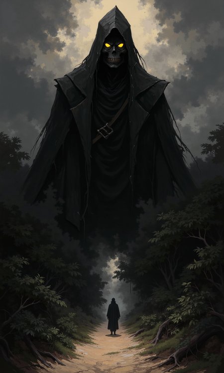 Full shot of a figure shrouded in a dark cloak, appearing menacing and mysterious. 
The figure, which dominates the upper portion of the image, wears a full, dark hooded cloak that obscures most of their form.  Glowing, bright yellow eyes are visible beneath the hood, contrasting starkly with the dark surrounding areas. The facial features, though indistinct in the darkness, suggest a stern and potentially malevolent expression. The figure is centered in the frame.
The background surrounding the hooded figure is a dark gray and black, creating a dramatic atmosphere. Cloudy and stormy looking skies are depicted around the figure, darkening the already dark surroundings.
In the lower portion of the image, a narrow dirt path extends from the figure towards the bottom, suggesting movement or a passage. A dark silhouette of a person walking along this path is discernible. This lower section is also darker and filled with shadows that fade from the mid-ground toward the background.  The path is somewhat illuminated, drawing the viewer's eye down toward the figure on the ground. The general color palette is monochromatic, with dark gray, black, and slight highlights of the glowing eyes creating a dramatic contrast and enhancing the menacing feel. Dense foliage borders the path on either side.
<lora:FLUX-daubrez-DB4RZ-v2:1> DB4RZ, DB4RZ style painting