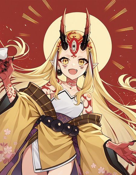 score_9, score_8_up, score_7_up, source_anime, <lora:fgo-ibaraki-douji-ponyxl-lora-nochekaiser:1>, ibaraki douji, blonde hair, facial mark, fang, forehead, horns, long hair, oni, oni horns, pointy ears, yellow eyes,, earrings, japanese clothes, jewelry, kimono, leg tattoo, neck tattoo, oni, oni horns, shoulder tattoo, tattoo, yellow kimono,, restaurant, laughter, good food, warm lighting, celebration, smile, , arm wrapped around someone, solo,, cowboy shot, dutch angle