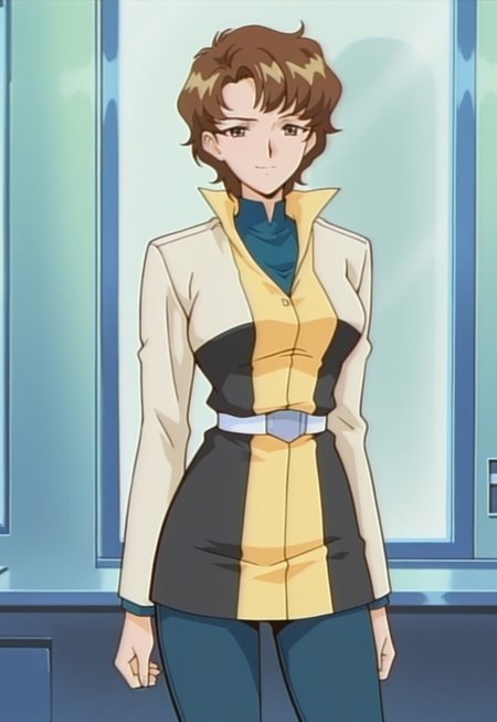 masterpiece, best quality, anime, cowboy shot, half smile, 1girl, solo, injuusara, brown hair, short hair, turtleneck, jacket, belt, pants,,