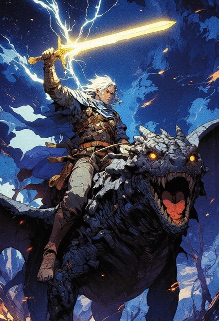 A fierce warrior clad in dark leather armor with a flowing blue cape rides a colossal black-scaled dragon through a stormy night sky. The warrior, with windswept silver hair, raises a glowing enchanted sword high, its golden light crackling with energy as a bolt of lightning strikes it. The dragon, with piercing amber eyes and tattered wings, lets out a deafening roar, its powerful claws extending as it soars through the turbulent sky. The background features a dramatic storm with swirling clouds, streaks of lightning illuminating the darkness, and shooting stars trailing across the heavens. The scene is painted in a dark fantasy style, with rich, detailed textures and cinematic lighting that highlights the warrior and dragon against the stormy backdrop. The atmosphere is intense, evoking a sense of power, mystery, and adventure,  anime, cyberpunk