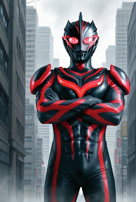 score_9,score_8_up,score_7_up,best quality,ultra-detailed,high resolution,digital painting,8k,1boy,solo,cowboy shot,male focus,detailed face,black bodysuit,tokusatsu,red eyes,glowing eyes,helmet,standing,crossed arms,cityscape,giant, looking at viewer,<lora:add-detail-xl:1>,<lora:Ultraman Dark Zagi:0.7>,zhaji,