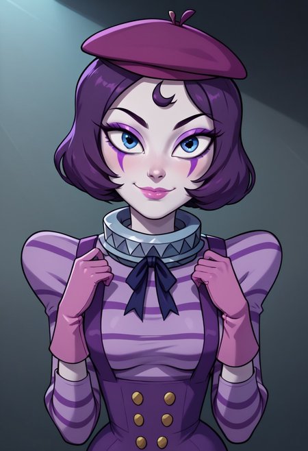 ((bedroom background)),score_9, score_8_up, score_7_up,score_6_up, 
1girl, Solo, Mimegirl_Svtfoe, white face paint, pale cream skin, grayish blue eyes, dark purple hair, short bob haircut, purple eyeliner, purple eyeshadow, pink lipstick, purple beret, purple striped lilac shirt with a ruffled collar, pink gloves, purple suspenders with four gold buttons, dark purple knee-high boots, big eyes, medium stature, social smile, sexy face, close-up, face photo, perfect eyes, perfect smile, looking at the viewer, big breasts, detailed eyes, perfect eyes