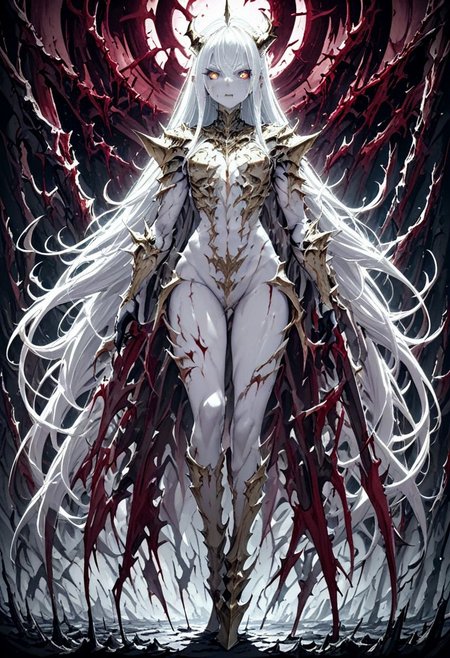 very long messy hair, red hair, yellow eyes, wearing golden knight armor, (looking at viewer:1.5), (best quality), (highly detailed), masterpiece, purple eyes, best quality, masterpiece, high res, character focus, girl, outdoors, blood moon, a lot of swords in the background, demon warrior, demon armor, white skin, white hair, blue glowing eyes