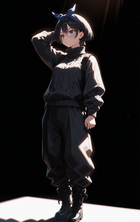 perfect quality,high quality,masterpiece,best quality,amazing quality,very aesthetic,absurdres,Cinematic Lighting,newest,Tactical use of shadow,
front view,full_shot,Boredom,
SarashinaRukaCYQL,<lora:SarashinaRukaCYQL:1>,1girl,solo,short hair,black hair,bangs,hairband,blue eyes,(black knit turtleneck, wide white pants:1.2), boots, (glasses:1.2),
full body,standing,arm_behind_head,,
darkgray background,simple background,
backlighting,usnr,gbf_style,748cmstyle,<lora:USNR STYLE_XL_loha:0.45>,<lora:MGE_V5.3:0.6>,<lora:748cmSDXL:0.8>,<lora:ponyv5_noobV065S_1_adamW:0.7>,<lora:backlitILL:0.5>,,