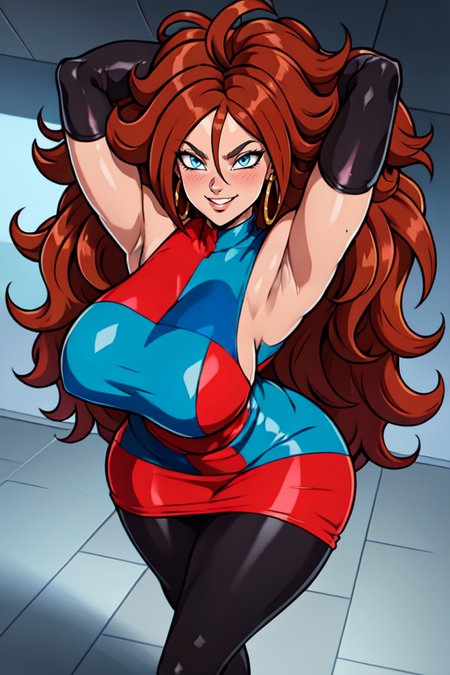 masterpiece,best quality,extreme detail,8k,<lora:21:0.7>,androide21,1girl,solo,long hair,breasts,looking at viewer,blush,smile,blue eyes,large breasts,brown hair,gloves,dress,hair between eyes,jewelry,standing,pantyhose,earrings,detached sleeves,sleeveless,black gloves,elbow gloves,armpits,grin,arms up,sleeveless dress,arms behind head,web address,multicolored clothes,curly hair,impossible clothes,hoop earrings,checkered clothes,two-tone dress,big hair,multicolored dress,hands in hair,checkered dress,