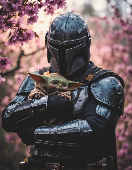 A Mandalorian warrior, clad in a fusion of traditional samurai armor and futuristic Mandalorian gear, stands amidst a serene Japanese garden. The warrior is wearing a clean and sharp dark helmet with a T-visor. shiny armor with reflection, exuding both strength and calm. In his arms, he gently holds and hugs a cute Baby Yoda, whose wide eyes gaze up in curiosity and trust. Cherry blossoms frame the scene, their delicate petals contrasting with the warrior's imposing figure and adding an elegant, serene atmosphere to the tender moment, moody, artistic shot, epic, unique angles and pose, <lora:- Flux1 - soothing_atmo_V2.0:0.4>, <lora:aidmaHyperrealismv0.3:0.8>, <lora:Dark Cinematic:0.8>