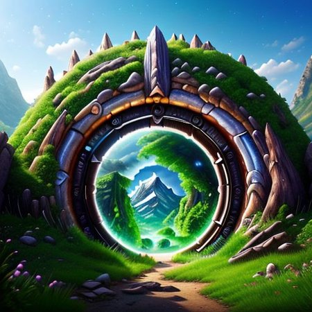 Hyperrealistic art, fanmou, lush green wooded mountain pass landscape, a fantasy Circular portal made of crystalz, (Circular portal:1.3), fantasy, Nether Portal, portal, stargate, gateway, blue sky, Extremely high-resolution details, photographic, realism pushed to extreme, fine texture, incredibly lifelike,