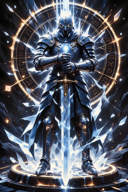 A armored knight stands in a circle of glowing runes, their plate armor transforming from rusted iron to pure crystal. The transformation spreads in geometric patterns, each piece of armor becoming transparent and refracting light. Their sword undergoes the same change, its blade turning into perfect crystal that emits rays of white light. The runes beneath float upward like reverse snowfall, each turning into a small prism as it rises. Floating crystals orbit the scene in perfect circles.dramatic lighting , detailed background  Fantastic lighting. Detailed shadows.intricate details, vivid colors, hyper-detailed, ultra-sharp, <lora:RetroAnimeFluxV1:0.65><lora:flux.1_lora_flyway_ink-dynamic:0.6><lora:New_Fantasy_CoreV4_FLUX:0.8>