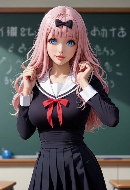 score_9, score_8_up, score_7_up,chika fujiwara, long hair, bangs, blue eyes, bow, pink hair, hair bow, blunt bangs, black bow, long sleeves, dress, ribbon, school uniform, collarbone, black dress, sailor collar, white sailor collar, red ribbon, neck ribbon, shuuchiin academy school uniform, boobs outline, tight chest, long sleeves, school classroom, (very cute, extremely cute, cutie patootie, cute girl), playing with hair, parted lips, slight smile, sexy thighs,  cute adorable pose, adorable girl, extremely beautiful, sex pose, squeezing and pushing up breasts over clothes