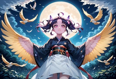 best resolution,score_9,score_8_up,score_7_up,score_6_up,score_8,score_7,score_6,best quality,masterpiece,source_anime,1girl,solo,kawaii,cute,winged_arms,A majestic harpy with dark feathers and glowing red eyes,wearing black japanese kimono,flying soaring through a stormy night sky.moonlight, starlight, firelight,wise,moonlit night sky,wind,cowboy shot,focus on face,dynamic shot, Expressiveh,eyesHD,high gradient eyes,detailed eyes,high definition eyes, <lora:Eyes_High_Definition:0.25> <lora:Expressive_H:0.75> <lora:winged_arm_style:0.85>