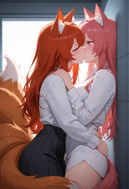 lazypos, animal ears, copper red hair, pink eyes, tilted view from the corner, 2girls, yuri, kissing, tails entwined, kissing
