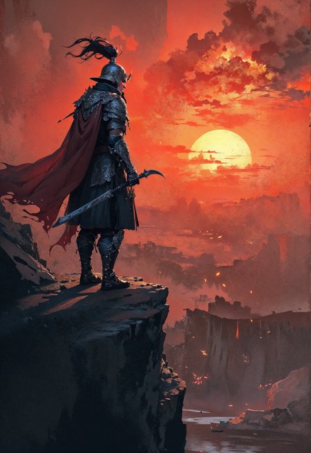 high quality, masterpiece, BREAK A warrior-poet clad in ornate ceremonial armor, standing atop a cliff overlooking a battlefield with a blood-red sky, depicted in a style with bold brushstrokes, intense contrasts, and dynamic compositions, BREAK illuminated by the fiery glow of a setting sun, Painterly Romanticism Style, focusing on dramatic, emotional intensity and vivid contrasts between light and shadow, (elaborately detailed attire with extraordinary elements:1.1), (hyperdetailed:1.1), (intricate details:1.0), (Refined details:1.1), (best quality:1.1), (high resolution:1.2)