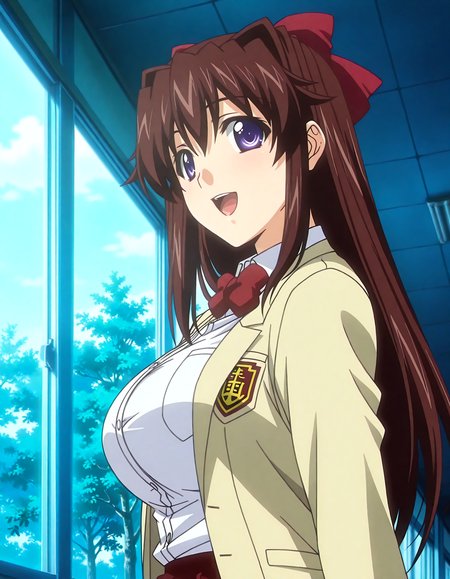 (1girl, solo:1.3), (2girls, 3girls, 4girls, multiple girls, 2boys, 3boys, 4boys, multiple boys:-1.5) <lora:Kuonji_Ningyo_Kojin_Jyugyou_-_Mippei_Suisou_Illustrious:0.9>, kuonji_ningyo, large breasts, blue eyes, brown hair, long hair, hair intakes, bangs, hair between eyes, long sidelocks, hair bow, hair ribbon, blazer, red bow, open mouth, open clothes, school uniform, shirt, purple eyes, large breasts, long sleeves smile, open eyes, general, contrapposto, dynamic pose, , portrait, from side, from below, , , indoors, school, school hallway, corridor, lockers, window, outdoor view, (curtains:-1.0), <lora:NOOB_EPSv1_1_detailer_by_vlnvk_v1_0:1.5>, (photo background:0.7), night, (tachibana yuu:0.6), inue shinsuke, (kazuma muramasa:0.0), saikawa yusa, (aoi manabu:0.6), abarerumidori, (suzui narumi:0.6), masterpiece, newest, absurdres, 8K, anime screenshot, anime coloring, flat color, official art, film grain, <lora:illustriousXLv01_stabilizer_v1.185c:0.7>, <lora:LECO_Solo:-4.0>,