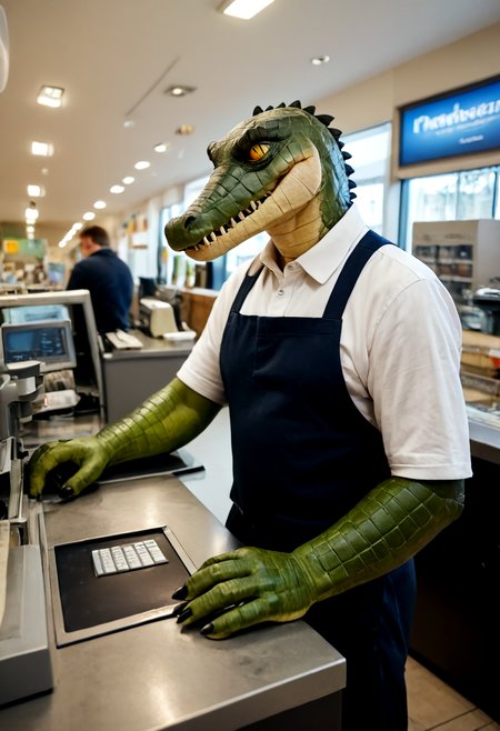 score_9, score_8_up, score_7_up, BREAK, 8k,
cashier, 
(crocodile:1.2), scales, animal focus, (personification:1.2), 
highly detailed,
<lora:add-detail-xl:1>,
<lora:sdxl_lightning_4step_lora:1>,
<lora:Real_Cashier_PDXL_v1:0.75>