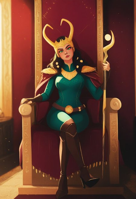 MSMLN, masterpiece, best quality, absurdres, highres, high quality, highly detailed,
1girl, solo, ldylki, long hair, green eyes, horned helmet, hair ornament, looking at viewer, head tilt,
breasts,
fur trim, cape, necklace, bodysuit, armor, shoulder pads, belt, fingerless gloves, nail polish, high heel boots,
dynamic angle,
sitting, crossed legs, sitting on throne, holding staff, magic,
indoors, depth of field, cinematic, palace, throne room, light rays, light particles,
no lineart, pixelsketcher, <lora:incase_new_style_red_ill:0.6>, <lora:bonifasko_ill:0.4>, <lora:Lady LokiilluLoRA:0.9>