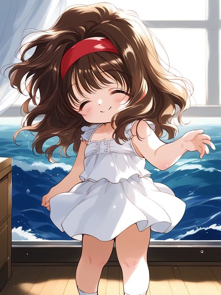 score_9, score_8_up, score_7_up, source_anime, rating_explicit, BREAK  <lora:Kana_graduate_XL:1> Kana_graduate, closed eyes, brown hair, long hair, red hairband, bangs, short stack, wave hair,
white dress. white skirt. frill, 
room, flooring, curtain,
smile,
looking at viewer, 
cowboyShot,